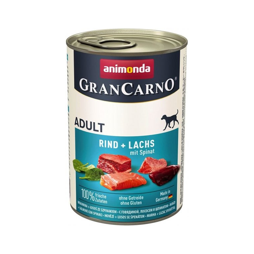 ანიმონდა Grancarno ქილა ძაღლისთვის ორაგულით და ისპანახით 400 გრ