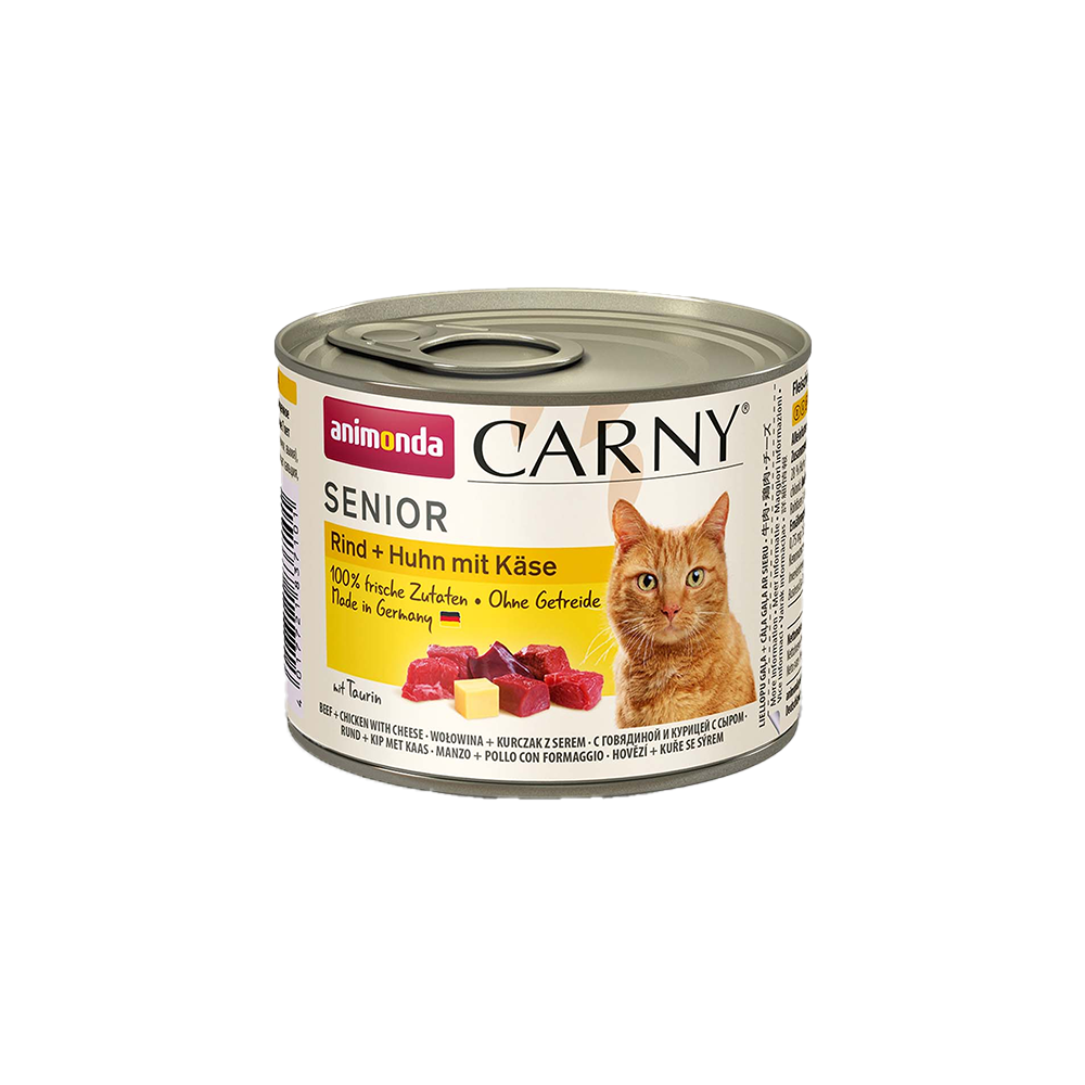 ანიმონდა Carny ქილა ასაკოვანი კატისთვის საქონლის და ქათმის ხორცით 200 გრ