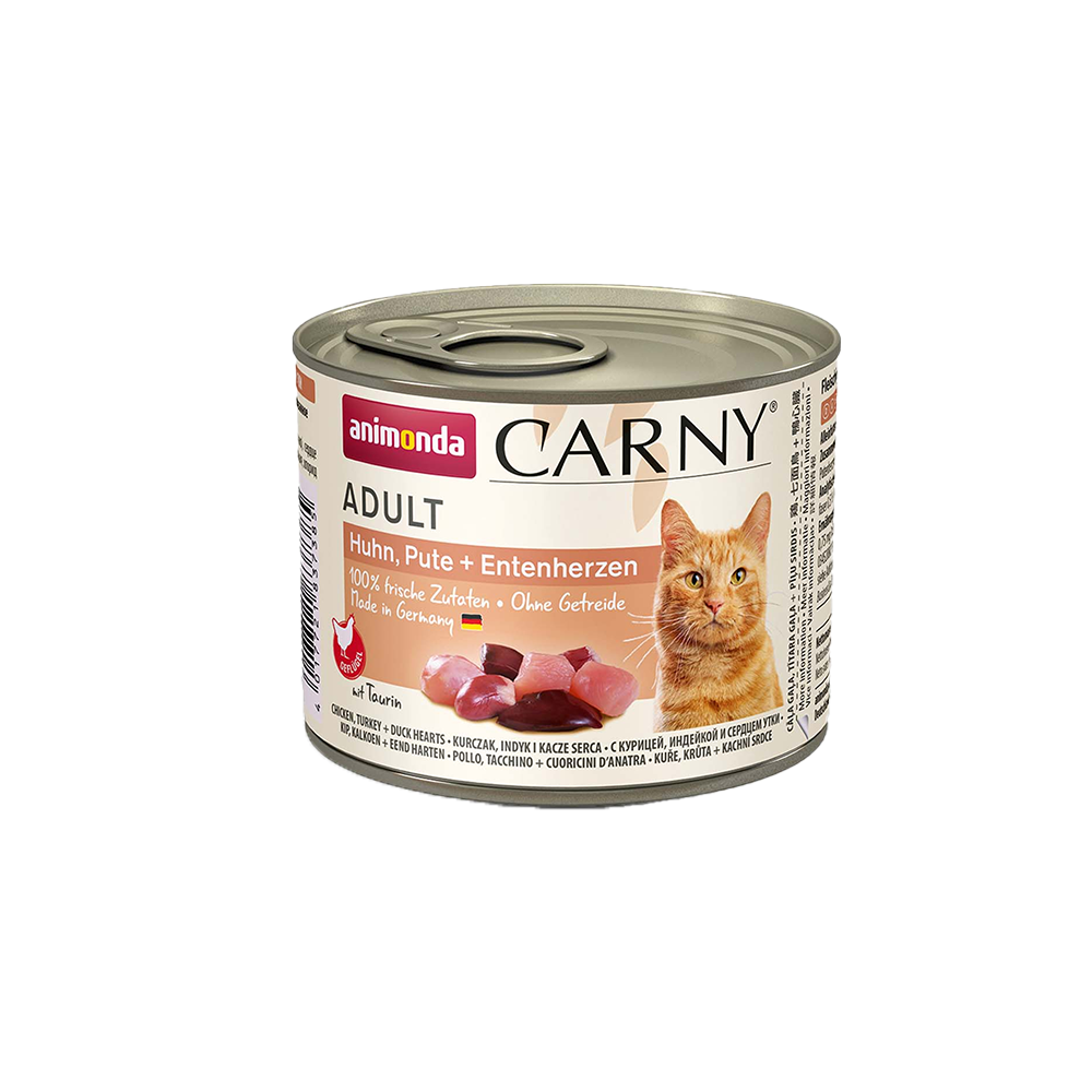 ანიმონდა Carny ქილა კატისთვის ქათმის ინდაურის და იხვის ხორცით 200 გრ