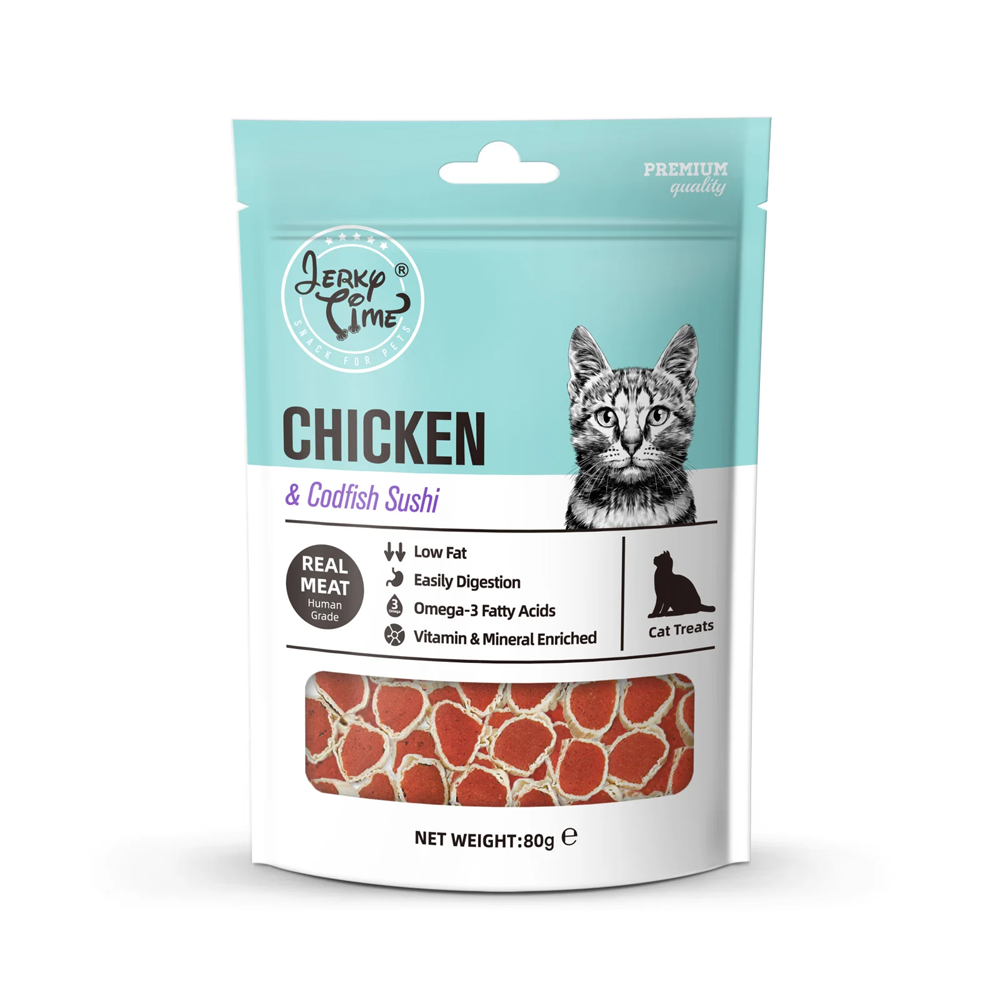სნექი კატისთვის Jerky Time Chicken & Codfish Sushi 80 გრ