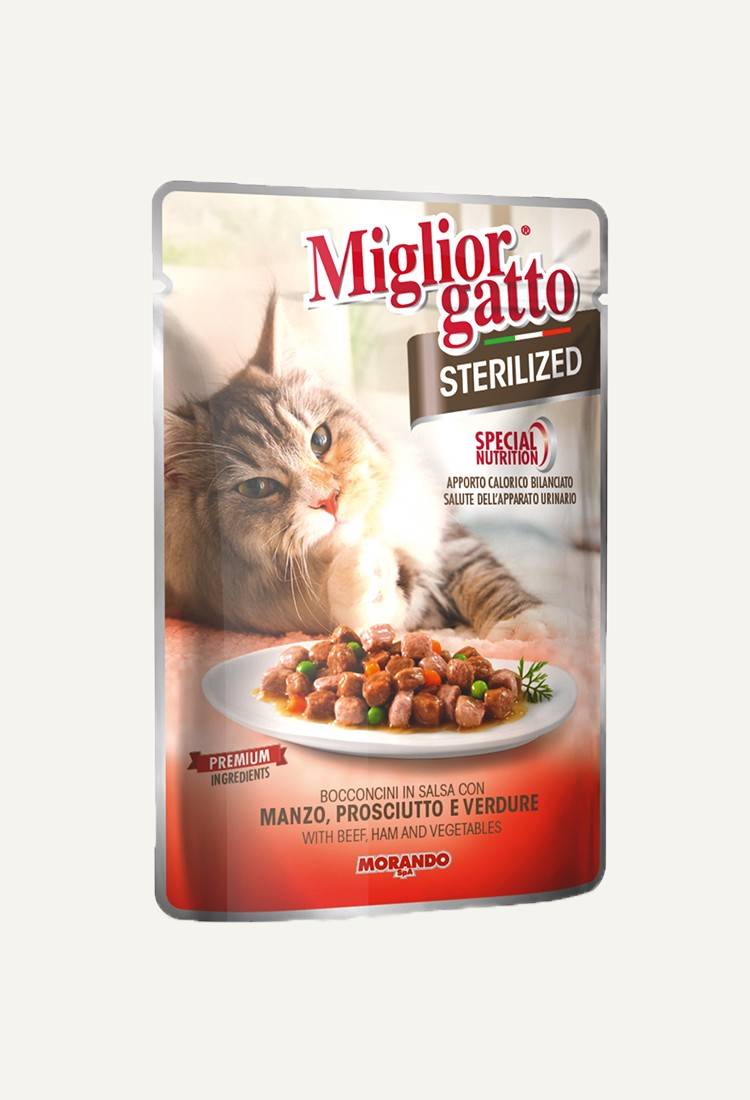 მორანდო Sterilized პაუჩი კატისთვის საქონლის ხორცით და ბოსტნეულით 85 გრ