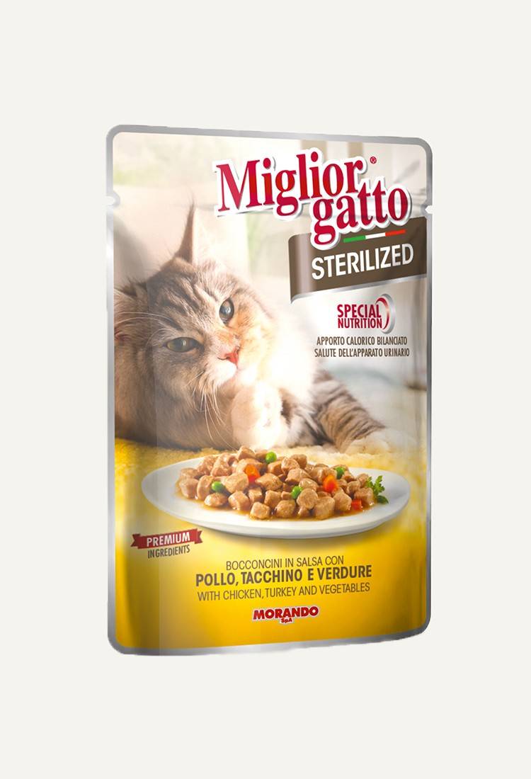 მორანდო Sterilized პაუჩი კატისთვის ქათმის ხორცით და ბოსტნეულით 85 გრ