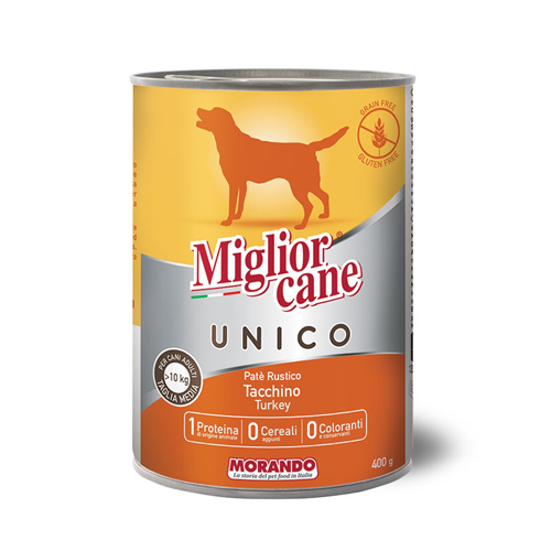 მორანდო Unico ქილა  ძაღლისთვის ინდაურის ხორცით 400 გრ